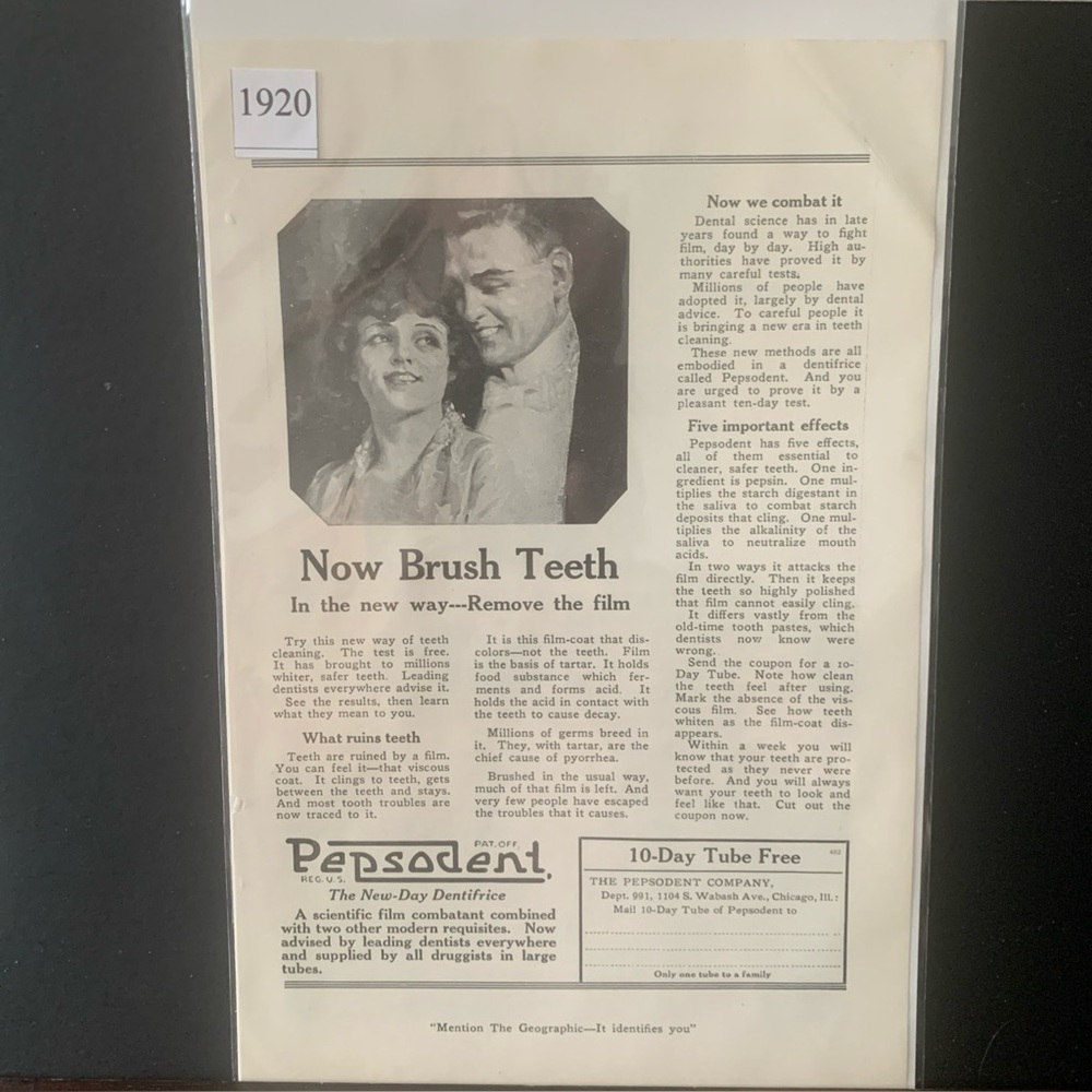 Vintage 1920 Pepsodent Now Brush Teeth In The New Way Ad Advertisement